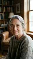 Mature Caucasian woman with gray hair smiling warmly in cozy home library wearing knit sweater for lifestyle and aging gracefully concepts.