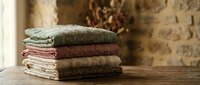 Stack of folded vintage textiles with intricate patterns on rustic wooden table against stone wall background for home decor and interior design projects.