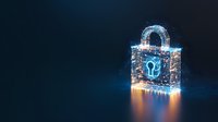 Glowing digital padlock with network connections on dark background represents cybersecurity, data protection and encryption technology concept.