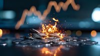 Burning money pile with flames and sparks against financial chart background showing market crash and economic crisis, dramatic lighting and bokeh effects.