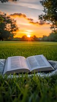 Open book lying on blanket in green grass at sunset, golden sun rays illuminate pages through tree silhouettes, peaceful outdoor reading atmosphere in nature.
