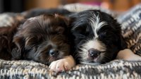 Two adorable puppies sleeping together in cozy woven basket, showcasing sweet companionship and peaceful rest for pet adoption or animal care concepts.