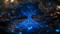 Glowing blue mystical tree with luminescent roots against dark background, magical forest scene with floating light particles and ethereal atmosphere.