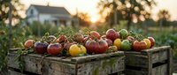Fresh organic tomatoes in rustic wooden crates at sunset farm harvest with house background for healthy eating and agriculture concepts.