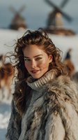 Young Caucasian woman with flowing hair wearing fur coat and knit sweater smiling outdoors in winter landscape with traditional windmills in background.