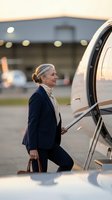 Mature woman in business attire boarding private aircraft at sunset, holding leather briefcase, professional travel and executive lifestyle concept for corporate transportation needs.