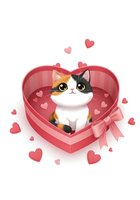 Cute calico cat sitting in red heart-shaped gift box with pink ribbon bow surrounded by floating hearts. Isolated clipart for Valentine's Day designs, greeting cards, and children's illustrations.