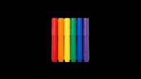 Six colorful felt-tip markers in rainbow colors isolated on transparent background, ready for clipart, stickers, t-shirt design, and print on demand use.