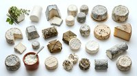 Assorted artisanal cheese varieties including soft, aged, and herb-coated wheels displayed on white background for food styling, culinary content, restaurant menus, and gourmet publications.