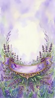 Lavender flowers frame an ornate purple ribbon banner on soft watercolor background with green foliage, suitable for greeting cards, invitations, and design projects.