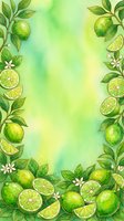Watercolor lime fruits with green leaves and white blossoms frame a soft yellow-green gradient background, creating an isolated botanical border design suitable for invitations, packaging, and digital projects.
