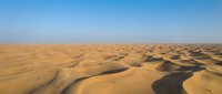 Vast desert landscape with golden sand dunes under clear blue sky, suitable for travel, nature, and environmental design projects.