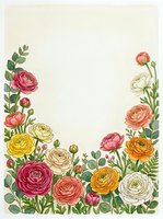 Watercolor ranunculus flowers frame border with green leaves on cream background for wedding invitations, greeting cards and spring designs.