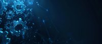 Microscopic virus cells floating in dark blue space with glowing particles and bokeh effects create scientific medical background for healthcare presentations.