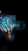 Businessman hand touching futuristic holographic interface with global data analytics, charts and digital technology display for business innovation.