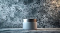 Minimalist white cosmetic jar with metallic cap on concrete surface against textured dark wall, dramatic side lighting creates modern luxury atmosphere.