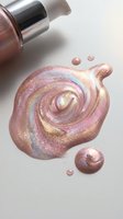 Shimmering rose gold glitter nail polish with iridescent swirls and metallic finish, displayed with applicator and scattered droplets on white background for cosmetics marketing.
