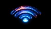 Glowing blue wifi symbol with light trails effect on black background, modern technology concept for wireless internet connection and digital networking.
