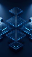 Futuristic glowing blue geometric tree with layered circuit platforms on dark background, symbolizing technology, blockchain, and digital innovation.