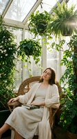 Young woman relaxing in wicker chair surrounded by lush green plants in bright sunlit greenhouse conservatory reading book peacefully.