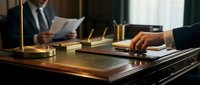 Two male professionals in business suits conduct a meeting at a wooden desk with brass desk lamps, reviewing documents and contracts in a corporate office setting.