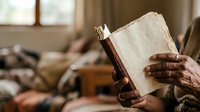 Senior man with dark skin tone reading open book indoors, holding pages with weathered hands in warm home setting, suitable for education, literacy, learning, and retirement lifestyle content.
