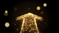 Golden arrow pointing upward made of glowing particles and sparkles on dark background, symbolizing growth, success, and forward direction for business and motivational concepts.