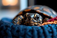 Close-up portrait of eastern box turtle with bright eyes resting on blue textile, showing detailed scales and patterns in natural macro photography style.