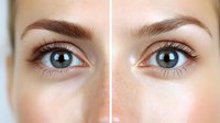 Close-up comparison of female eyes showing results of cosmetic treatment, before and after view of eyebrow shaping and eye area enhancement with professional makeup.