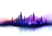 Mystical mountain landscape with silhouettes of pine trees reflecting in calm water, illuminated by glowing blue lights against purple sunset sky and misty peaks.