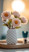 Delicate pink flowers in white pineapple-textured ceramic vase on wooden tray, backlit by soft sunset glow, with decorative bunny figure in background.