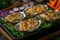 Baked oysters with melted cheese and herbs served on bed of fresh lettuce. Gourmet seafood appetizer on dark serving tray with garnish and vegetables.