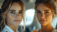 Two young Caucasian women with natural makeup and blonde hair in casual white tops smiling at camera, warm sunlit portrait with soft bokeh background.