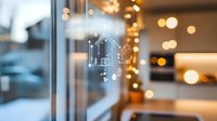 Glowing house icons on glass window with bokeh lights in background, modern real estate office interior design creates welcoming atmosphere.