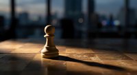 Single wooden chess pawn piece standing on board with dramatic lighting and blurred city background for business strategy concepts.