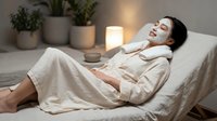 Young Asian woman relaxing on bed in cozy bedroom with plants and warm lighting, wearing comfortable pajamas for wellness and self-care routine.