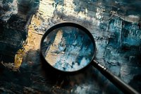 Magnifying glass on dark textured surface with blue and gold tones creates mysterious detective atmosphere. Macro photography reveals abstract patterns and textures.