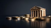 Classical bank building with golden coins representing financial growth and investment success for business presentations.
