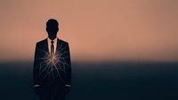 Silhouette of male professional in business suit with glowing geometric light network pattern on chest against sunset sky backdrop, representing innovation, connectivity, and digital transformation in corporate environment.