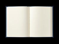 Open hardcover book with blank pages and navy blue cover, isolated on transparent background. Ready for stickers, clipart, t-shirt design, and print on demand use.