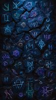 Mystical glowing runes and magical symbols in blue and purple neon colors carved on dark stone wall texture, creating an arcane pattern background.