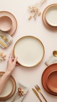 Overhead flat lay of elegant tableware with empty ceramic plates in cream and terracotta, gold-rimmed dinnerware, golden cutlery, dried flowers, and a female hand arranging the composition on soft pink background for dining and entertaining concepts.