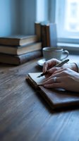 Woman hands writing in notebook with pen at wooden desk near window with books and coffee cup creating cozy study atmosphere for journaling and learning.