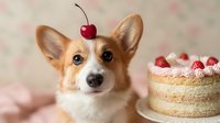 Adorable corgi dog with cherry on head sitting next to layered cake with raspberries and cherry topping for birthday celebration or pet party.