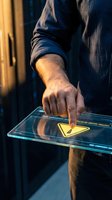 Male hand touching glowing yellow warning symbol on futuristic holographic display screen in dark environment with blue and gold lighting for technology and cybersecurity concepts.