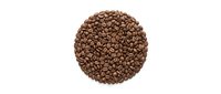 Roasted coffee beans arranged in perfect circle on white background. Isolated coffee bean pattern for cafe branding, packaging design and culinary projects.