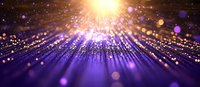 Glowing golden and purple particles with light rays creating magical atmosphere against dark background, bokeh effect and sparkles radiating from center point.