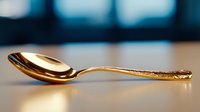 Golden vintage spoon with ornate handle pattern lying on beige surface against blurred blue background, elegant tableware photography for dining and restaurant decor.