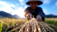 Asian farmer inspecting golden wheat ears during harvest season, close-up view of ripe grain stalks against blurred agricultural field and blue sky background.