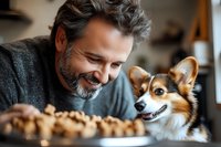 Mature Caucasian man with gray beard and corgi dog looking at freshly baked pie together in cozy kitchen setting, expressing joy and companionship.